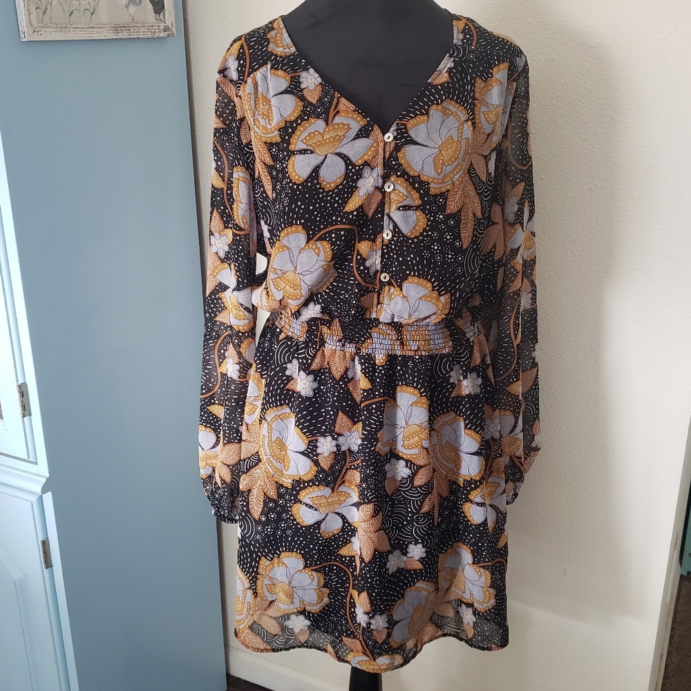 Daniel Rainn Black Brown Leaf Floral Parnika Button Peasant Dress size L